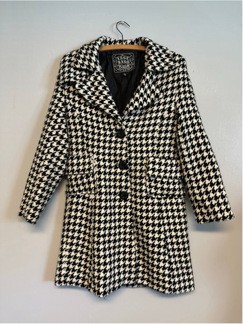Last Kiss Pea Coat Black & White Houndstooth Button-Front Size Small